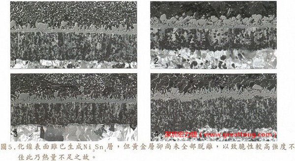 下面四圖顯示，當焊接的熱量不足或未持續(xù)時，雖然Ni3Sn4的薄薄IMC層已經生成而焊牢，但也會因為AuSn及AuSn2還未來得及逸走，而停留在共金介面附近，當有外力拉扯的時候，就很容易斷裂開來。這就是為何ENIG的焊點強度，始終不如銅面焊點(Cu6Sn5)來得更為牢固的主因之一。