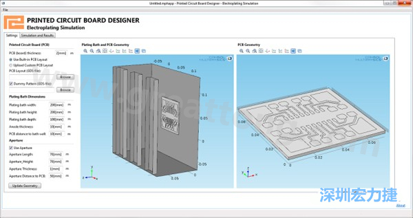 電鍍App允許PCB板設(shè)計人員導(dǎo)入不同的設(shè)計(包含或不含虛置圖形)，點擊計算，然后就能查看所仿真的厚度均勻性-深圳宏力捷