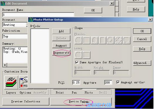 當Gerber和鉆孔都設置完后，選擇一貼片元件較多的層（一般為Top層），點擊Device SetupPhoto，將 Plotter Setup窗口D-Code欄原有的D碼刪除并按Regenerate重新生成