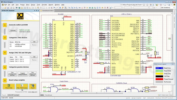XJTAG DFT Assistant的Access Viewer模式可以清楚地顯示可用的測試存取層級，讓電路板設計人員在展開PCB布局以前的原理圖擷取階段盡可能地提高測試存取能力