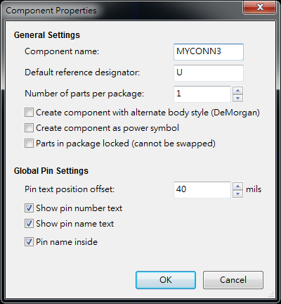 按下工具  "Create a new component"， 出現(xiàn)底下畫面， 按下OK后， 產生MYCONN3/U? 文字重迭在一在， 把它們分開(用mouse選擇并按下"M"， 即可移動)